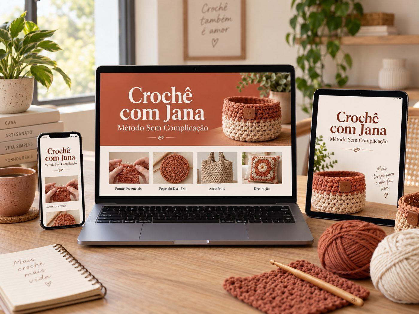 Crochê com Jana em notebook, tablet e celular